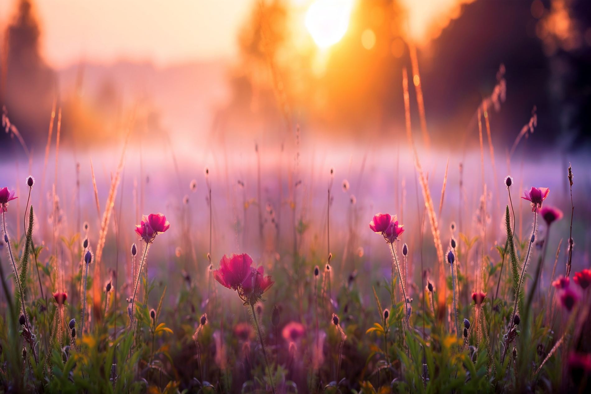 Pink wildflowers in a meadow at sunrise